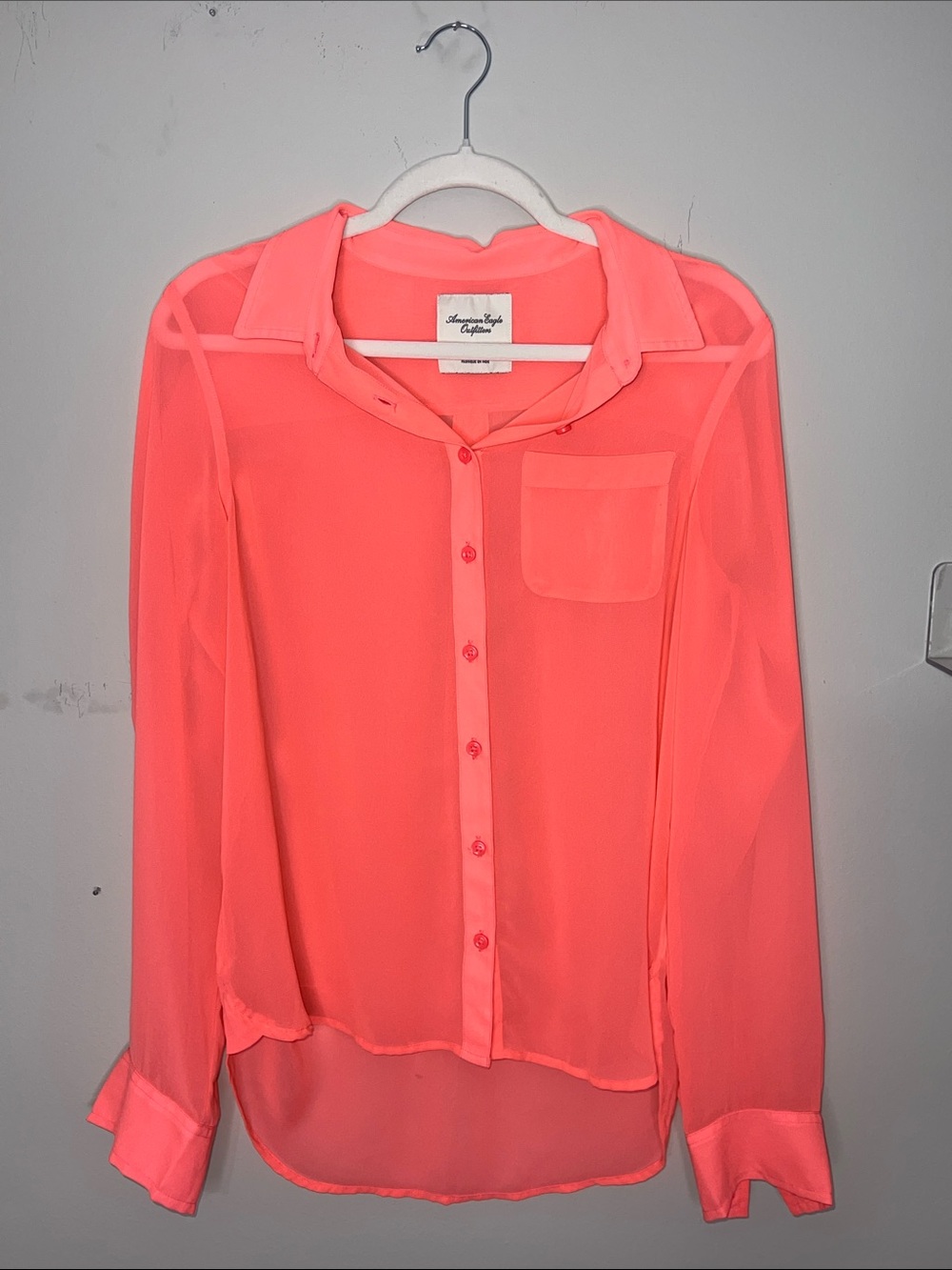 American Eagle Outfitters Coral Button-Down Sheer Blouse